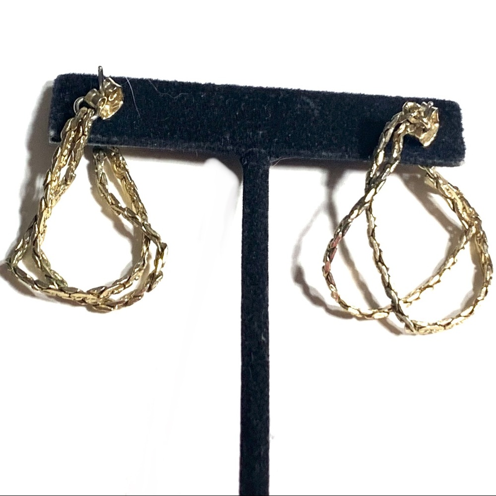 Double Twisted Herringbone Chain Hoop Front Back Earrings Gold Tone Pierced Ears